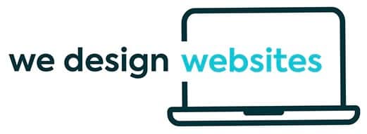 We Design Websites in groenblauwe letters met een laptop icoon op de achtergrond